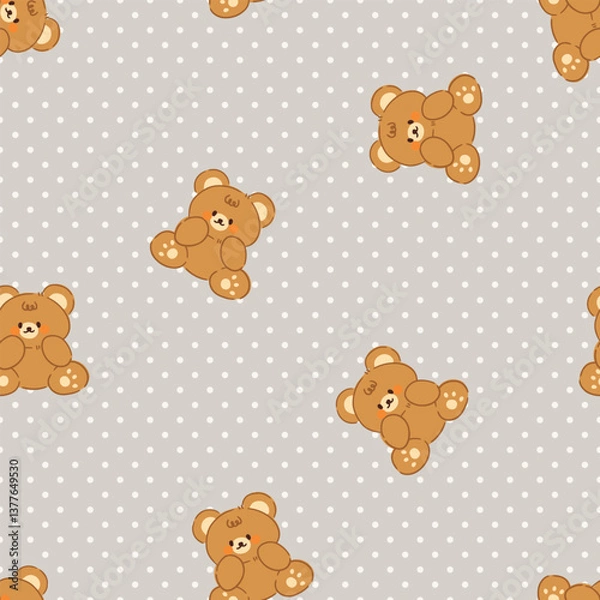 Obraz Cute kawaii teddy bears on a polka dot texture grey neutral background, seamless pattern with baby forest animals.