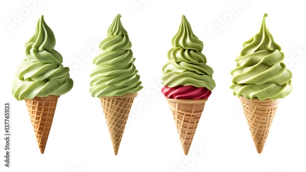Fototapeta Set of Matcha soft serve ice cream cone, transparent background 