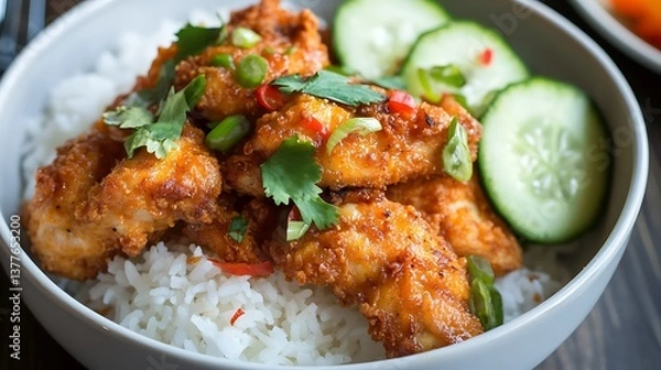 Fototapeta Delicious buttermilk chicken with steamed rice crispy chicken