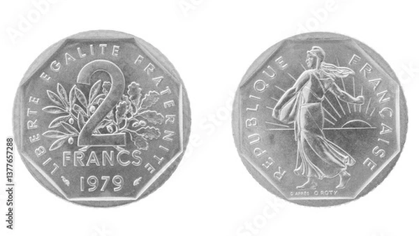 Fototapeta Obverse and reverse of 1979 2 francs nickel french coin isolated on white