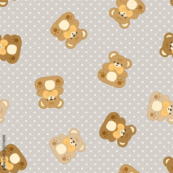 Obraz Cute bear with bow tie on a grey neutral seamless taexture with polka dot, kids background with kawaii animals.
