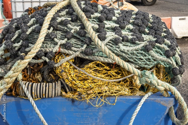 Obraz fishing nets and ropes in a boat