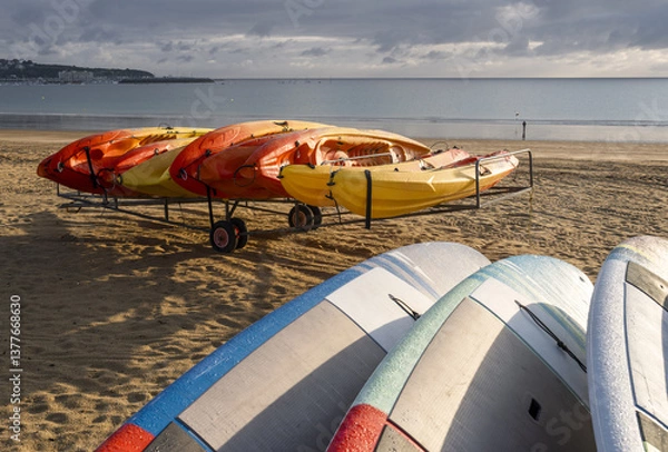 Obraz windsurfing board stored on a trolley on the beach of Saint-Cast-Le-Guildo in summer in Côtes d'Armor, Brittany, France