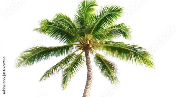 Fototapeta Lush tropical palm tree against a bright white background.  Healthy green fronds extend outward from a strong central trunk