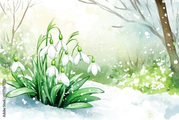 Fototapeta A serene illustration of snowdrops blooming through snow, surrounded by a soft winter landscape, evoking a sense of calm and renewal.