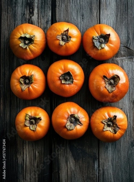 Fototapeta Fresh, ripe persimmons arranged in a grid pattern on a rustic wooden surface