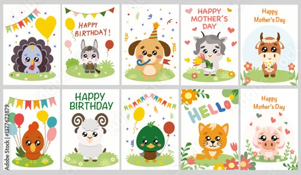 Fototapeta Cute Farm Animals Greeting Cards Set, adorable greeting cards featuring farm animals in a cute, cartoon style