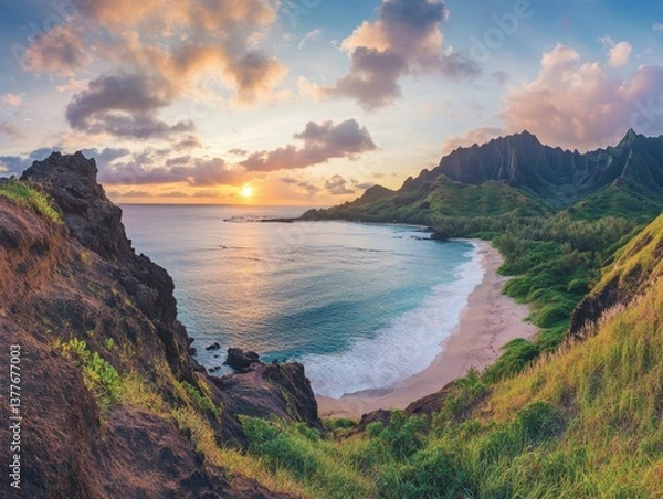 Fototapeta Breathtaking beach view with green cliffs overlooking the sea at sunset.