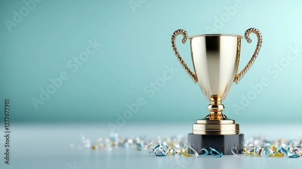 Obraz Gold trophy on a black base sits on a light blue surface with colorful confetti. The background is a muted teal.