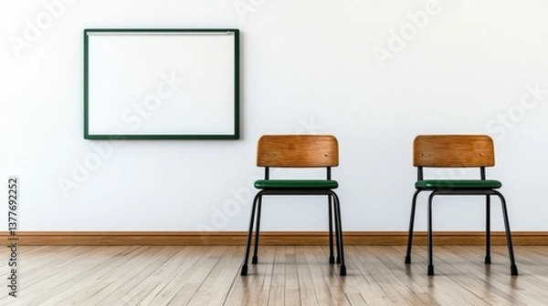 Fototapeta Two simple wooden chairs with green cushions face a blank whiteboard in a minimalist room. Light hardwood floor and white walls create a clean backdrop.