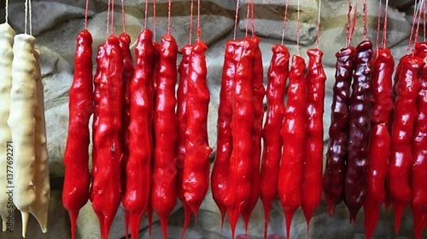 Fototapeta Traditional Dried Churchhela with walnuts and dried fruits 
Churchhela with walnuts and dried fruits,