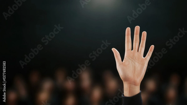 Fototapeta single hand confidently raised in business meeting, symbolizing participation and engagement. background features blurred audience, enhancing focus on raised hand