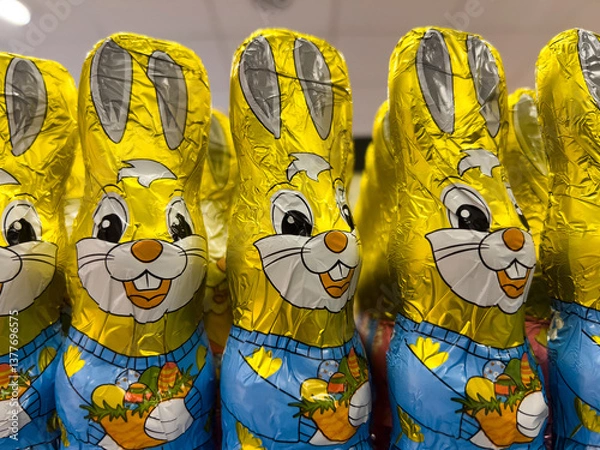 Fototapeta Chocolates in the shape of a cute Easter bunny wrapped in gilded paper are on the market shelf.