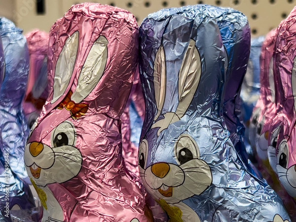 Fototapeta Chocolates in the shape of a cute Easter bunny wrapped in gilded paper are on the market shelf.