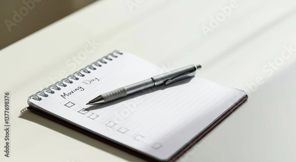 Fototapeta Checklist for moving day with pen placed on a notepad in bright sunlight