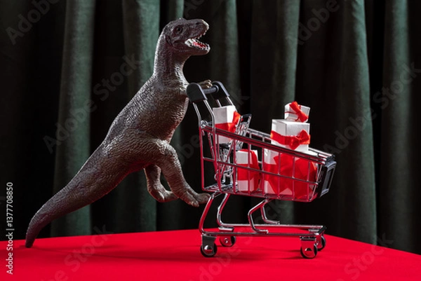 Fototapeta Dinosaur with shopping trolley full of gift boxes