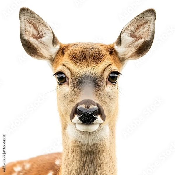 Fototapeta Deer Face: A close-up shot of a deer's adorable face, highlighting its expressive eyes, soft fur, and gentle demeanor, capturing the innocence and beauty of wildlife.