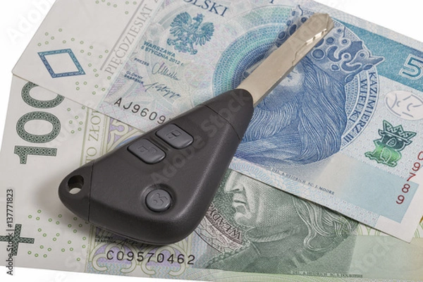 Fototapeta Car keys on Polish zloty notes background