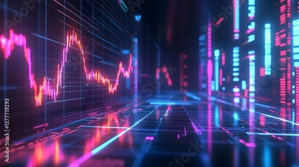 Fototapeta Futuristic Financial Data Visualization Neon Stock Market Graph and Digital Cityscape