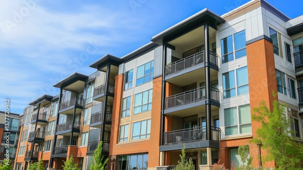 Obraz Modern apartment complex featuring multiple balconies in a vibrant urban setting