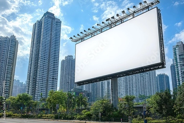 Fototapeta Blank billboard under bright daylight against a blue sky, featuring a large white screen perfect for advertising messages. The modern building in the background enhances the urban setting, 