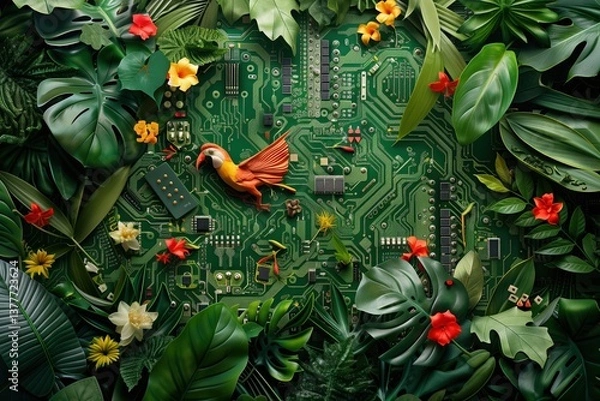 Fototapeta Fusion of nature and technology in a stylized tropical scene featuring a circuit board surrounded by jungle elements and vivid flora and fauna