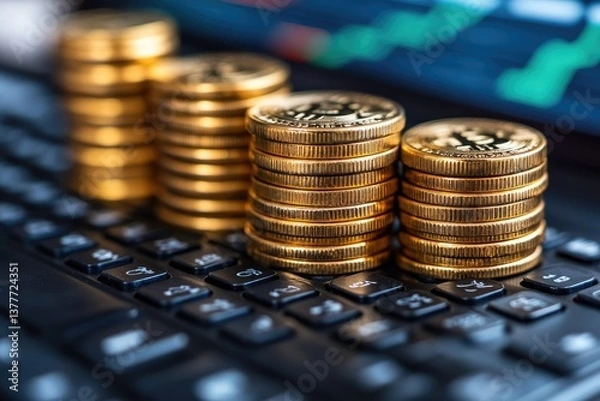 Obraz Stacks of coins on a keyboard with stock chart in background. Money, investments, and technology concept