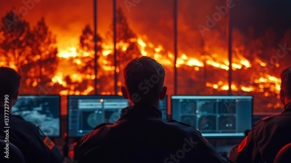 Fototapeta Firefighters in a high-tech command center monitoring live satellite feeds and drone footage of wildfire activity,