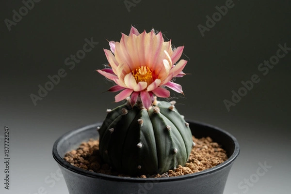 Fototapeta Astrophytum Asteria Super Kabuto cactus blooming pink color flower close up in isolated grey background
