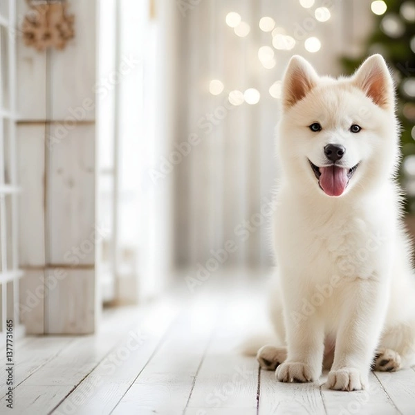 Fototapeta Happy White Puppy Sitting Indoors with Blurred Background and Warm Festive Atmosphere