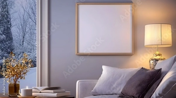 Obraz Cozy Living Room Interior With Modern Decor And Snowy Window View In A Winter Setting