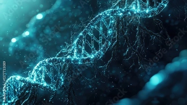 Fototapeta DNA plants with biology and biotechnology science concept. Abstract representation of DNA structure in blue light.