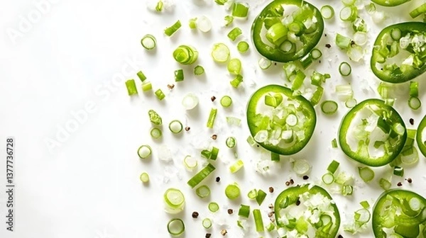 Fototapeta Freshly Sliced Green Jalapeno Peppers and Scallions on White Background for Cooking Decoration
