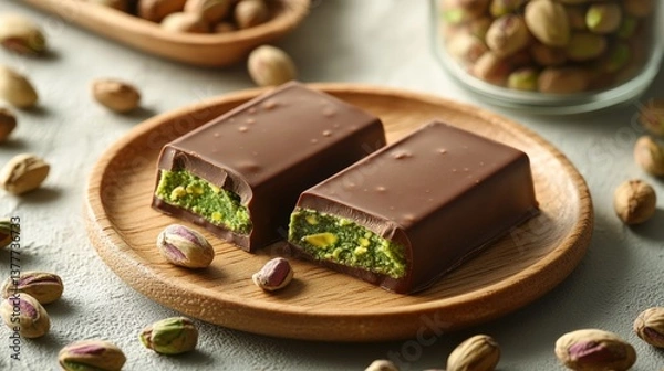 Fototapeta Delicious Chocolate Pistachio Bars on Wooden Plate with Nuts