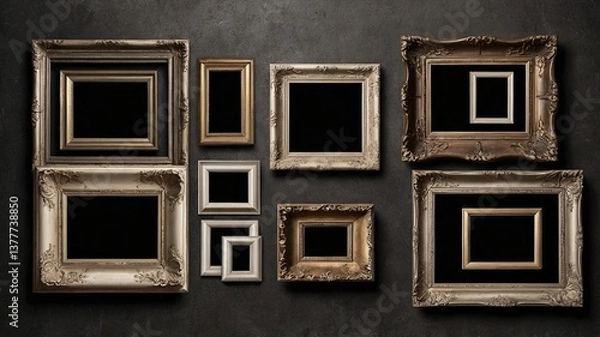 Fototapeta A collection of ornate picture frames in various sizes and colors, arranged artistically against a dark background.