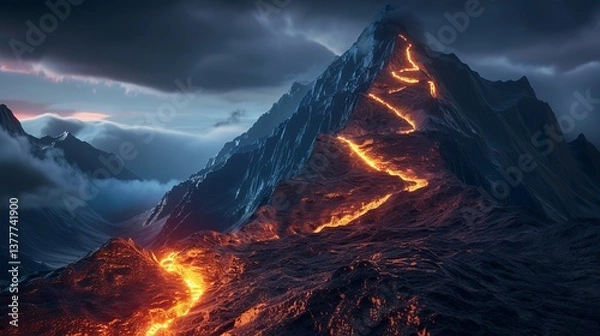 Fototapeta Majestic volcano erupting, with glowing lava streams flowing down the rugged landscape under a dramatic sky.