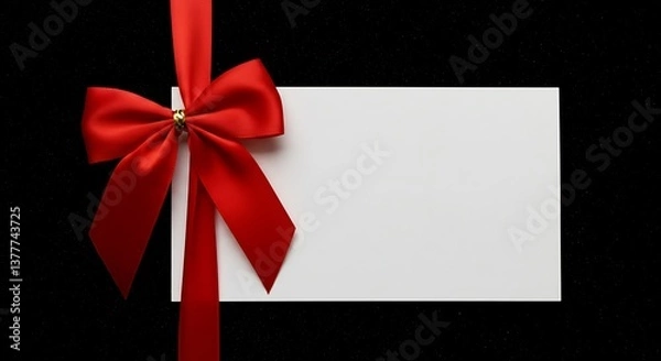 Fototapeta Crimson Elegance Against Midnight Red Ribbon White Note A Touch Of Festive Red Bold Red Bow On Blank Card Gift Card With Festive Bow Elegant Red Accents On Black AI Generated