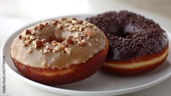 Obraz Delicious Gourmet Donuts with Chocolate and Nut Toppings on a Plate