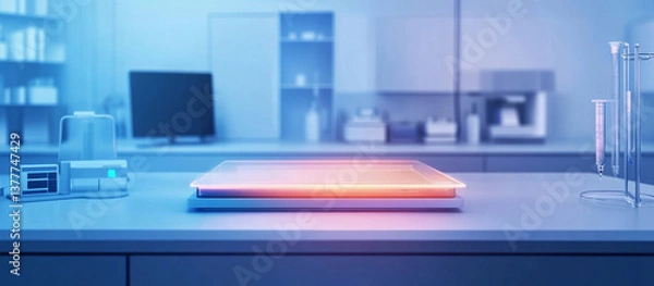 Fototapeta Illuminated glass surface on a lab counter.