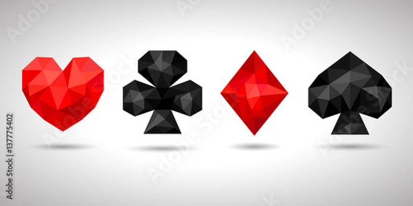 Fototapeta Playing card suits, icon, symbol set. Geometric triangle style, low poly. JPG with isolated path