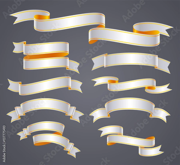 Obraz Set of white curved Ribbon or banner with gold border