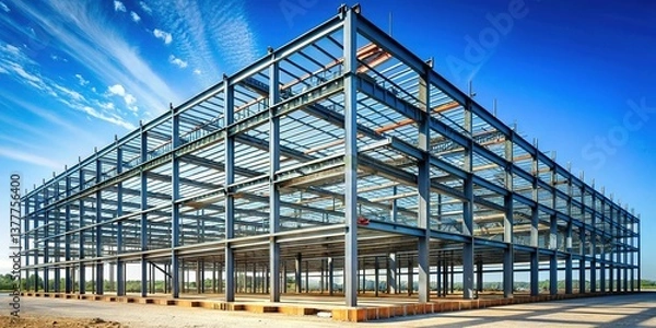 Fototapeta Empty Steel Frame Building, Modern Construction Site, Industrial Architecture, Steel Structure, Construction Project