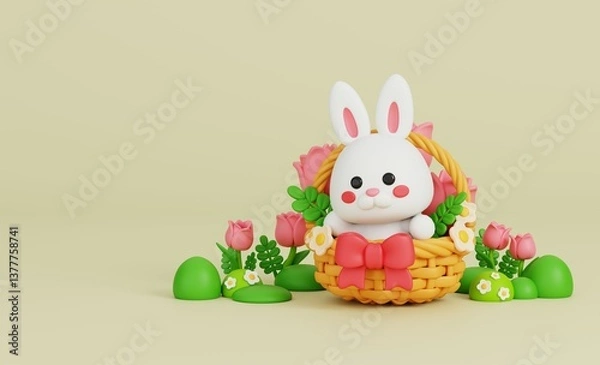 Obraz Bunny rabbit and flower in the wooden baskets in grass and flower on pastel background. The bright scene for Easter greetings concept. 3D render illustration.