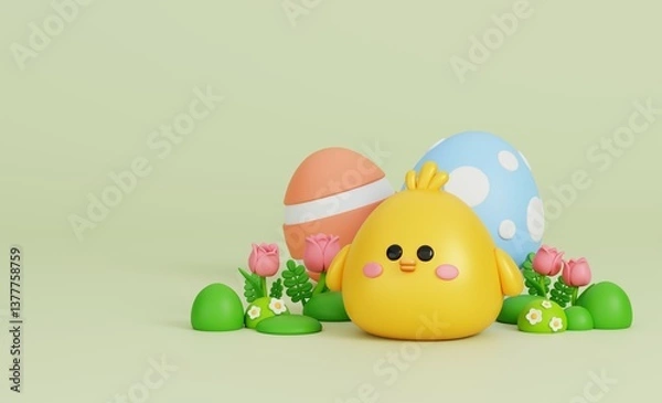 Obraz Cute baby chick with Easter eggs in grass and tulip flower. The bright scene for Easter greetings concept. 3D render illustration.