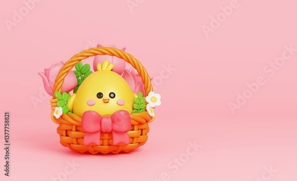 Obraz Cute baby chick and flower basket. The bright scene for Happy Easter greetings concept. 3D render illustration.