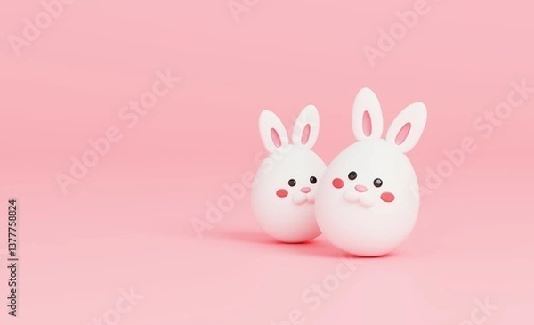 Obraz Cute white easter rabbit egg on pastel pink background. The bright scene for Easter greetings concept. 3D render illustration.
