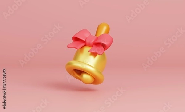 Obraz Floating golden bell with red ribbon bow on pink background. 3D render illustration