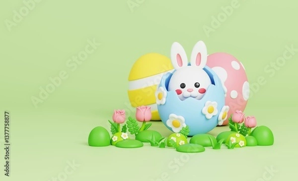Obraz Bunny rabbit with floral cracked egg and Easter eggs in grass and tulips flower. The bright scene for Happy Easter greetings concept. 3D render illustration.