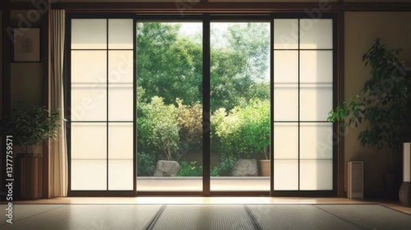 Fototapeta Interior view showing a room with a sliding door to garden
