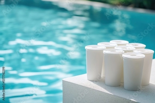 Fototapeta Neatly arranged pool filter cartridges displayed beside tranquil water Generative AI